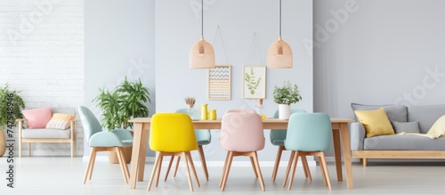 This room features a table with pastel lamps above it  chairs in yellow  green  and grey colors  and a couch. The dining room interior is colorful  with a poster hanging on a white wall.