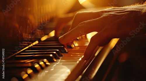 Pianist playing the piano in the evening. Close-up. Close up of man's hands playing the piano. Selective focus. A close-up photograph capturing the intricate movements of a nimble pianist's fingers 