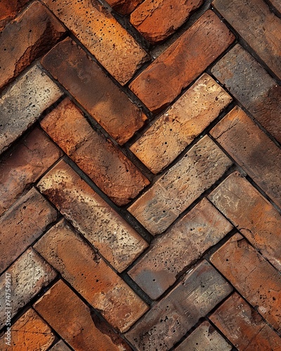 Background of brick wall texture. Close-up brick wall texture. A close-up photograph capturing the rugged texture and warm earthy tones of weathered red bricks, arranged in a herringbone pattern.
