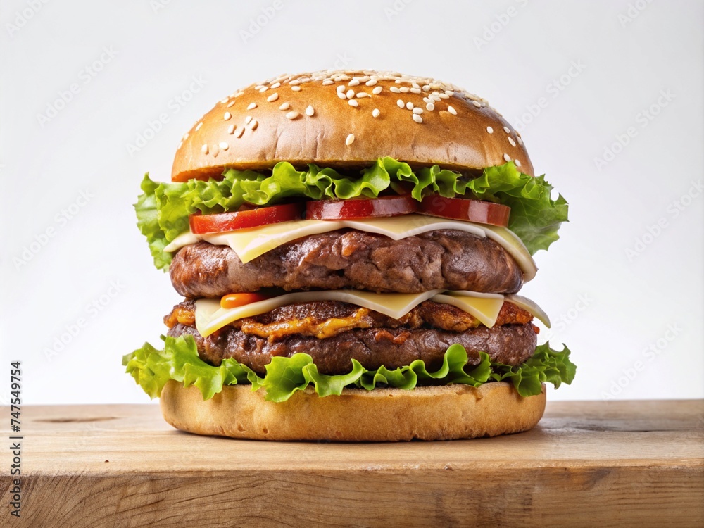 Biggest Delicious Burger white wood texture and white background Biggest Delicious Burger white wood texture and white background