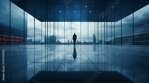 Silhouette of a businessperson standing in a contemporary office space with a panoramic view of the urban skyline during early evening hours, reflecting the solitude  