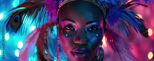 African woman with makeup and feathers on her head at night party  concept carnival