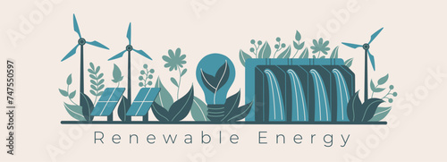 This banner showcases green leaves alongside symbols of renewable energy such as solar panels, windmills, and hydro power, promoting the Save the Planet concept through sustainable energy solutions. photo