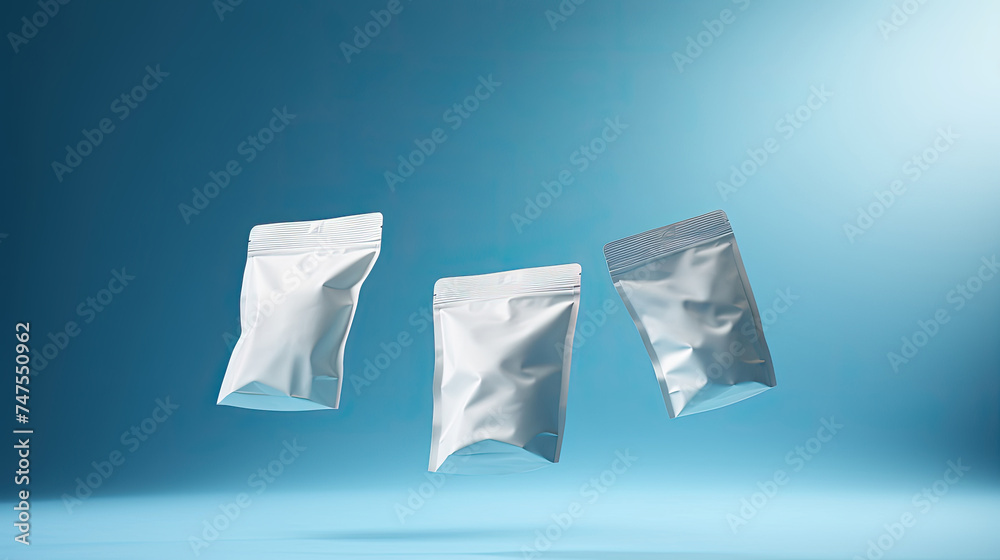 Falling three white zip lock package on a blue background. Unbranded packaging with blank space for promotional text.