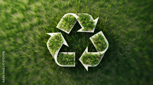 Simple recycling logo on a green lawn background.