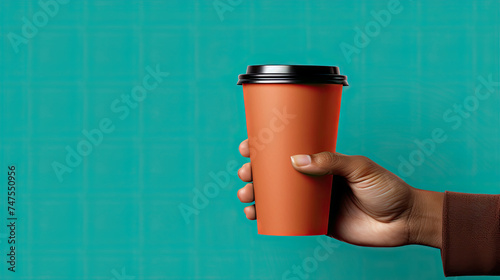 A hand holds an orange disposable cup of tea or coffee on a green background. Blank space for product placement or advertising text. photo