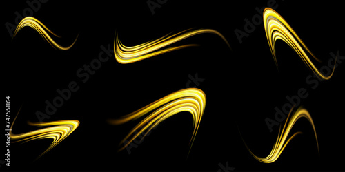 Luminous gold wavy line of light on a transparent background. Glittering wavy trail. Golden glowing shiny spiral lines effect. Curved yellow line light. Swirling glow dynamic neon circles.