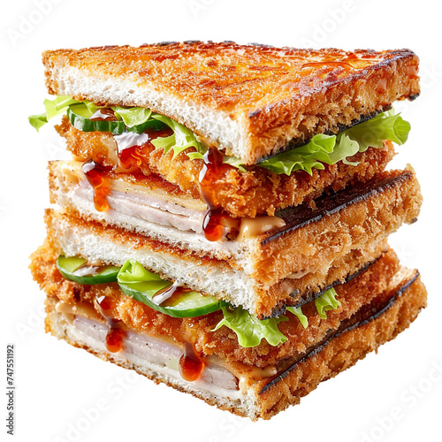 Sandwich with chicken, cheese and vegetables isolated on transparent background.