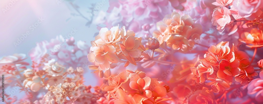 A variety of colorful flowers, an abstract nature backdrop with a pastel gradient sky. Concept of International Women's Day A variety of colorful flowers, an abstract nature backdrop with a pastel gradient sky. Concept of International Women's Day