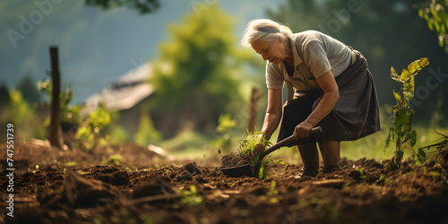Old woman working in the garden in the summer, blurry background 