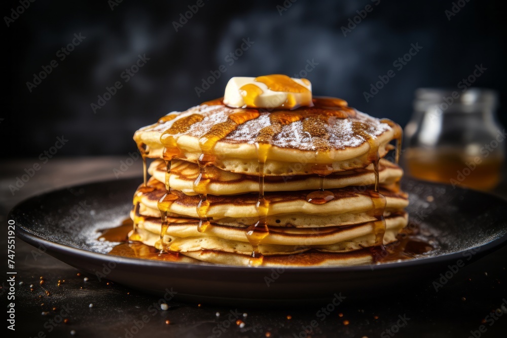 custom made wallpaper toronto digitalMacro view photography of a tempting pancakes on a rustic plate against a polished cement background. AI Generation