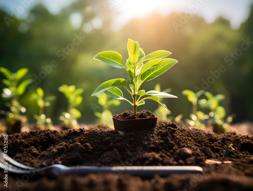 A young plant seedling growing in the soil, blurry green background and gardening tools