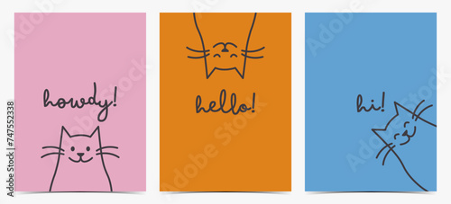 Howdy, hi, hello - set of greeting cards, posters, templates, labels with with cute cat on vibrant backgrounds