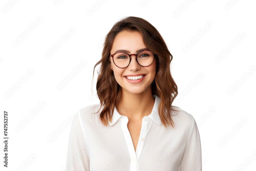 Studio portrait of a beautiful young Caucasian Americana business woman wear glasses and casual shirt with an attractive smile, isolated on transparent png background.