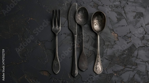 Rustic vintage set of cutlery knife, spoon, fork. Black background. Top view 