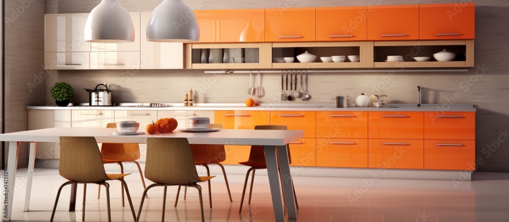 A kitchen with sleek orange cabinets and a white table, creating a modern and stylish interior design. The cabinets are neatly arranged with a glossy finish,