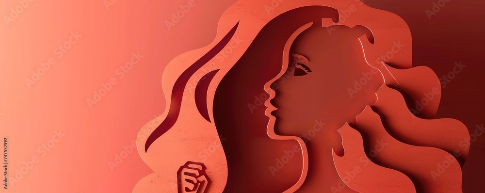Women's Day poster with woman silhouette and fists inside in paper cut and copy space, illustration. Girl face poster for feminism, independence, freedom, empowerment