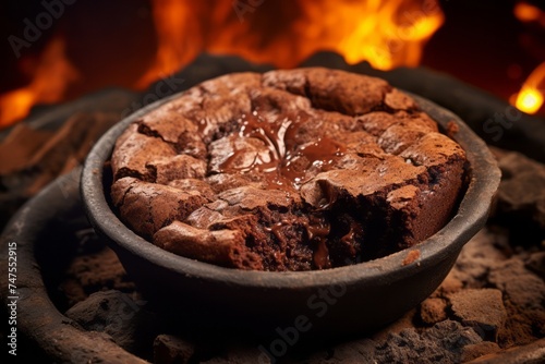 Macro detail close-up photography of a delicious brownie in a clay dish against a rusted iron background. AI Generation photo