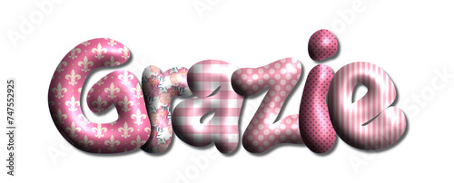 Grazie- thank you written in Italian - word - lettering - pink color, , embossed tubular font, transparent backgroun - image, poster, placard, banner, postcard, card.