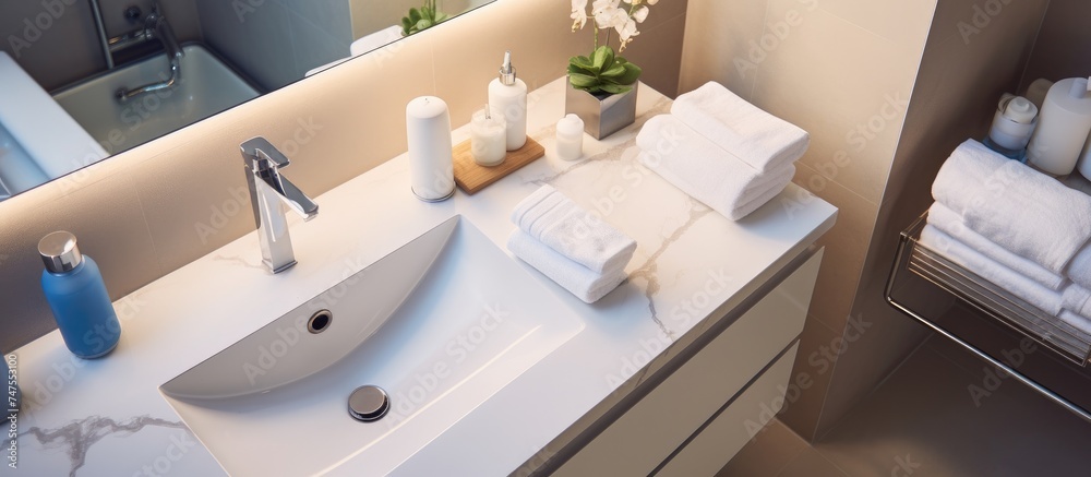 The image shows a modern bathroom with a sink and a mirror. The counter ...