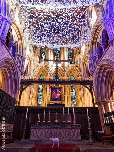 Hexham Abbey interior with origami stars and a lamb. photo