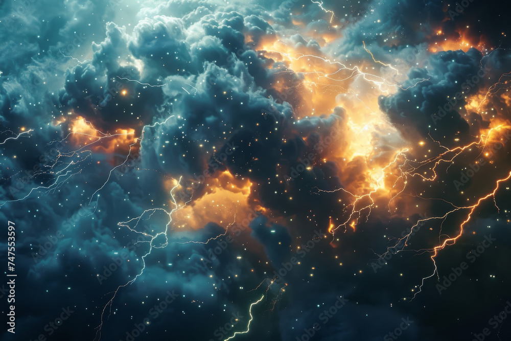 Naklejka premium A stormy sky with a lot of lightning strikes