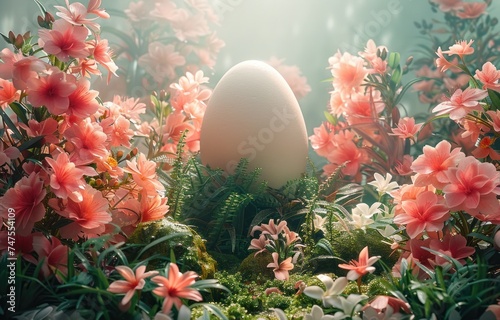 some eggs, plants and flowers surround an Easter egg