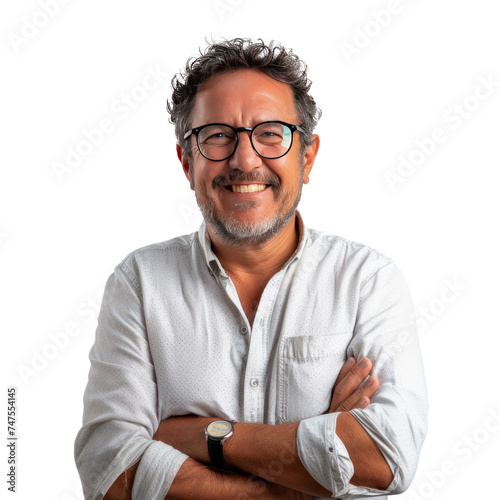man smiling in glasses in front with arms crossed isolated on white