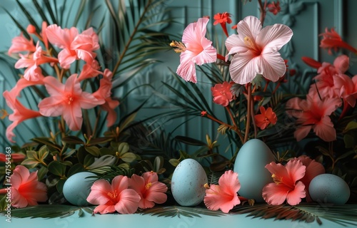 some eggs, plants and flowers surround an Easter egg © olegganko
