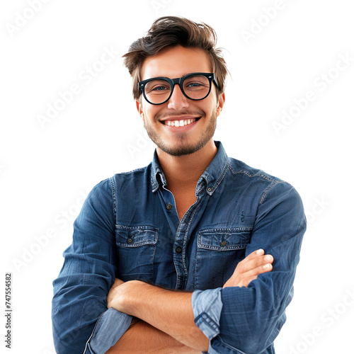 A man, smiling, wearing glasses, with arms crossed, isolated on white