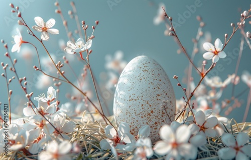 some eggs, plants and flowers surround an Easter egg