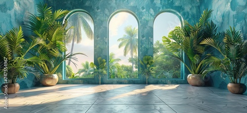 table with palm trees, green leaves