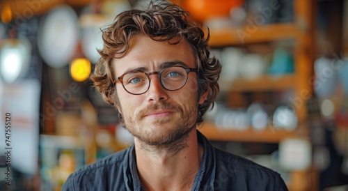 Boy student studying in a room on the background of books and computer