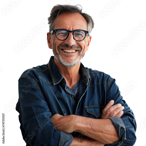A man, smiling, wearing glasses, with arms crossed, isolated on white