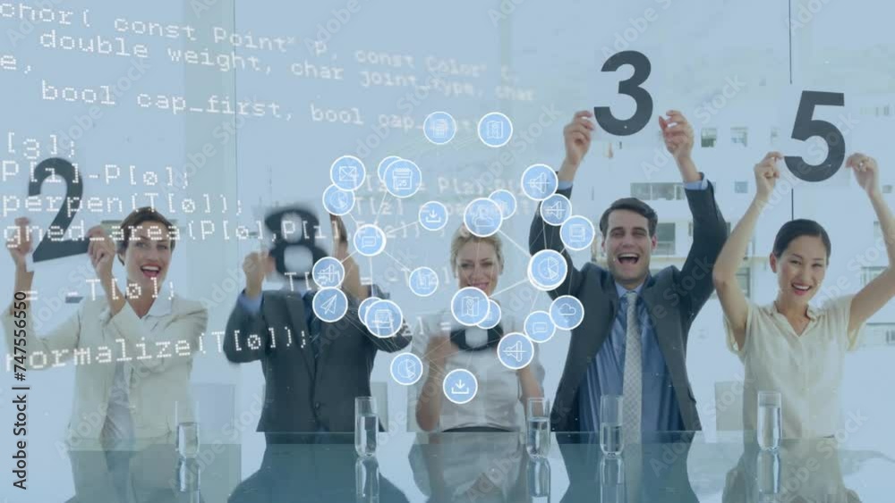 Animation of media icons and data processing over diverse colleagues grading at meeting