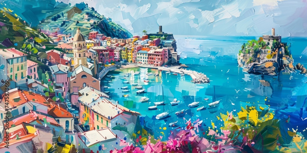 a painting of a small town in italy in the style of lively coastal landscapes Generative AI - obrazy, fototapety, plakaty 