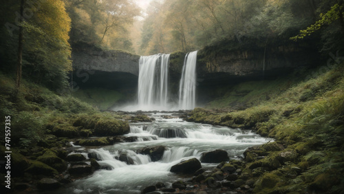 Waterfall surrounded by forest, outdoor landscape.