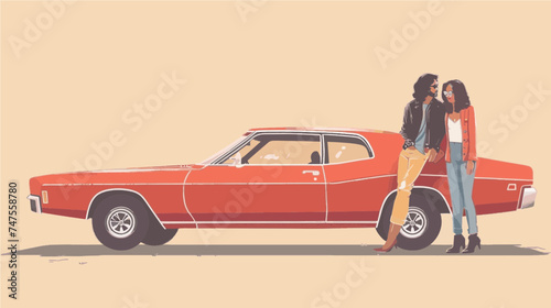 copy space, simple vector illustration, couple dressed in 70's style posing before a vintage 1970’s car. Illustration for T-shirt or other clothing. Vintage transportation theme.