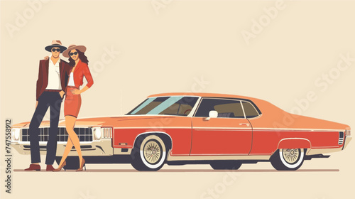 copy space, simple vector illustration, couple dressed in 70's style posing before a vintage 1970’s car. Illustration for T-shirt or other clothing. Vintage transportation theme.