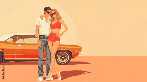 copy space, simple vector illustration, couple dressed in 70's style posing before a vintage 1970’s car. Illustration for T-shirt or other clothing. Vintage transportation theme.