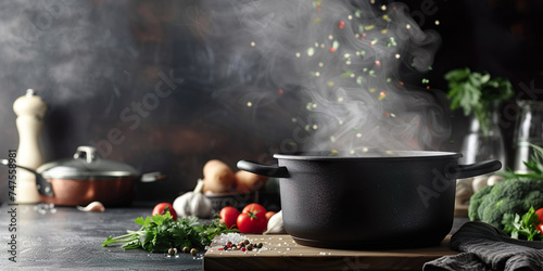 Pan with food and steam  ingredients around  cooking