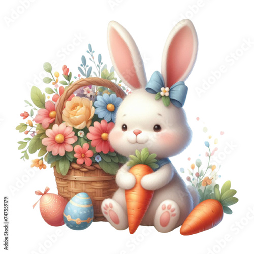 Watercolor Easter Carrot Bunny and Flowers Clipart