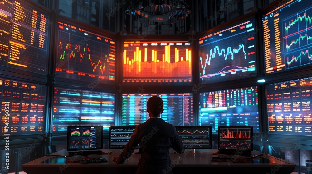 A man is monitoring the development of financial charts and diagrams
