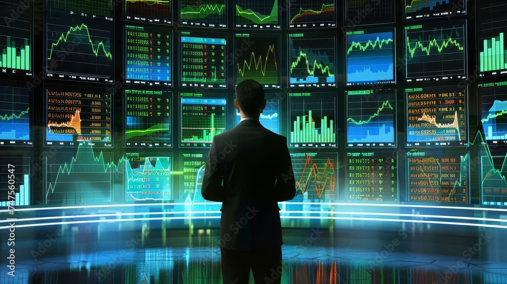 A man is monitoring the development of financial charts and diagrams A man is monitoring the development of financial charts and diagrams