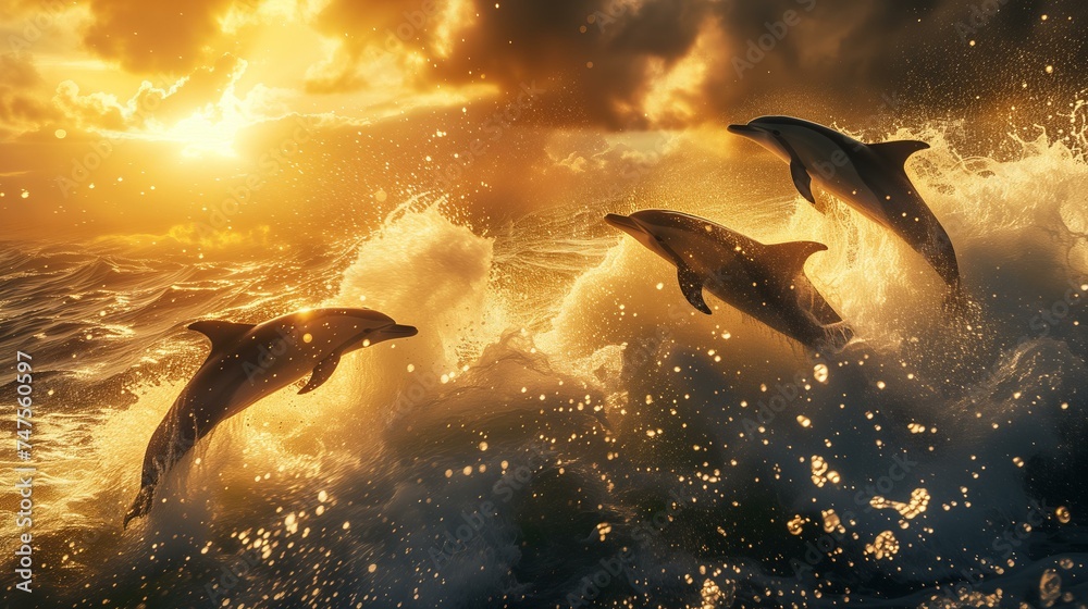 dolphins jumping out of water in the sea at sunset