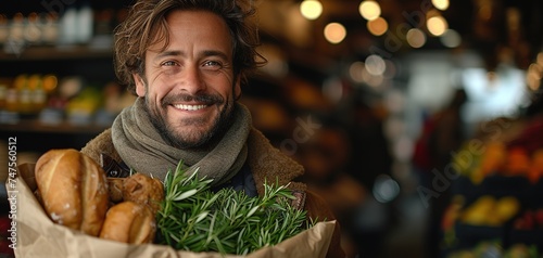 Adult bearded happy man with paper package of vegetables groceries