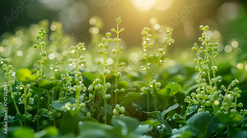 sprouts of various plants, beans, alfalfa, and broccoli in a Horizontal layout, and room for copy in a Healthy snack-themed, photorealistic illustration in JPG. Generative ai