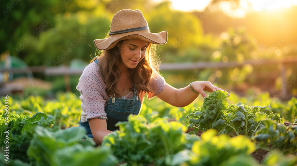 Cute female gardener in a hat grows green salad and vegetables. Organic vegetable garden against sun-drenched foliage, subsistence farming