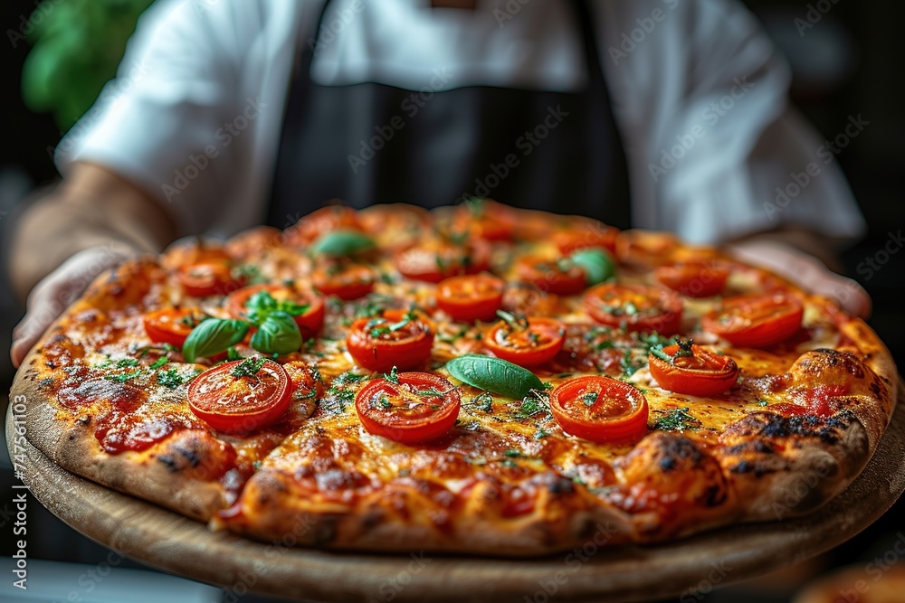 Food concept. A happy professional chef presents freshly prepared pizza from the oven