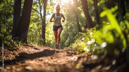 A woman wearing shorts is running through a forest trail surrounded by terrestrial plants, trees, and grass in a natural landscape. AIG41 photo